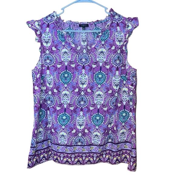 Talbots Purple Paisley V-neck Flutter Sleeve 100% cotton top size X #755 - Picture 3 of 9
